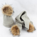 Venda quente de inverno chapéu com pom poms de lã de cor pura de malha mulheres inverno chapéu e lenço conjunto